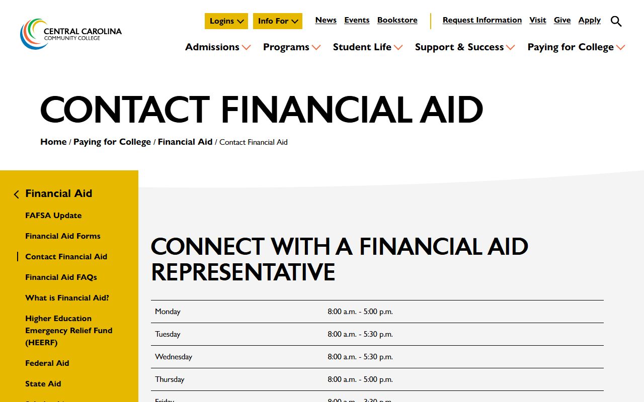 Central Carolina Community College financial aid contact directory for Sanford students