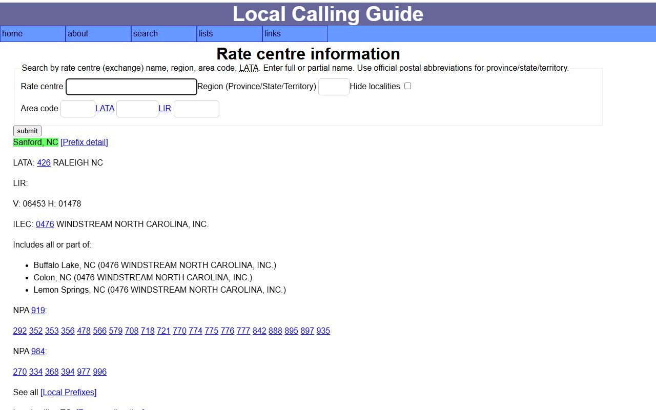 Sanford area code prefix lookup in Local Calling Guide