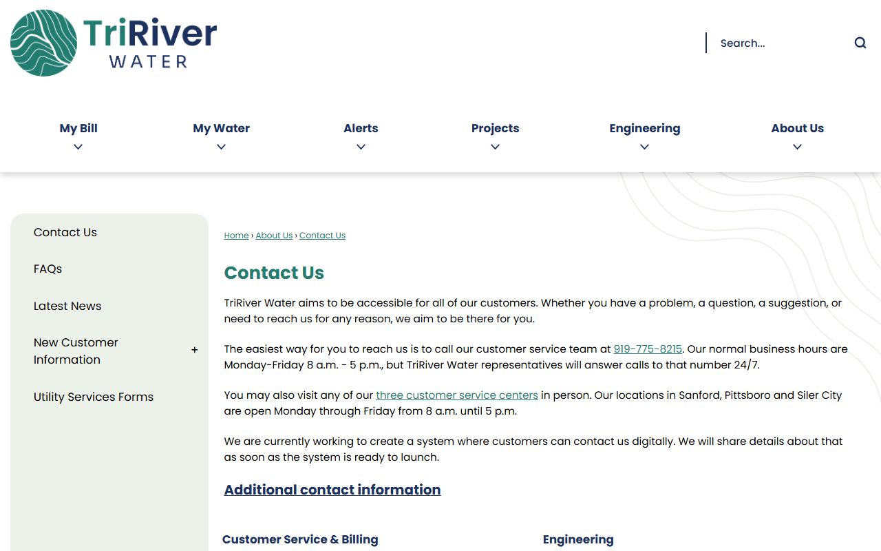 TriRiver Water contact page showing Sanford customer service and engineering phone numbers